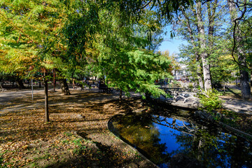 Landscape with the small lake and green and yellow trees in Ion Voicu Park, also known as Ioanid Park, in Bucharest, Romania, in a sunny autumn day.