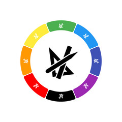 A large black school supplies symbol in the center, surrounded by eight white symbols on a colored background. Background of seven rainbow colors and black. Vector illustration on white background