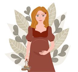 Flat style illustration. Vector. Pregnant girl touching her belly with her hand and holding baby booties in the other hand. There are leaves in the background.