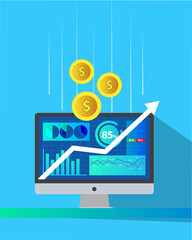stock market growth concept vector illustration, with up arrow and dollar coins, money finance user interface, online money making concept