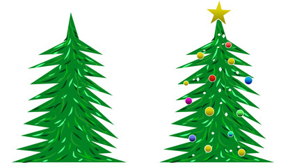 Set of isolated Xmas Christmas Trees one plain 1 decorated
