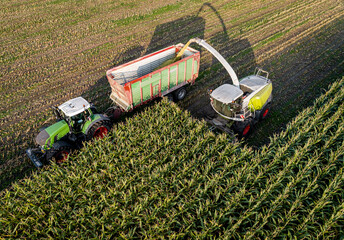 Ackerbau - Luftaufnahme von der Silomaisernte auf dem Feld, landwirtschaftliches Symbolfoto.