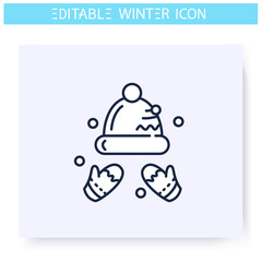 Knitting hat and gloves line icon. Cozy outerwear, winter outfit. Skier or snowbordist scandinavian style clothes. Winter holidays and leisure concept. Isolated vector illustration. Editable stroke 