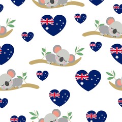 Seamless pattern. Baby koala sleeping on eucalyptus tree. Cartoon style. Funny and cute. Australian flag. Red, blue hearts. White background. Post cards, textile, wrapping paper. Happy Australia Day