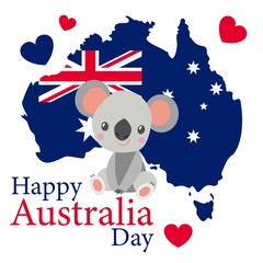 Baby koala sitting and smiling. Flat cartoon style. Funny and cute. Australian national flag. Shape of map. Red and blue hearts. 26 of january. Template for post cards and posters. Happy Australia Day