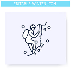 Ice climbing line icon. Man climbing ice rock. Alpinist climbs to the top. Winter holidays and leisure concept. Mountaineering. Sport, hobby. Isolated vector illustration. Editable stroke 