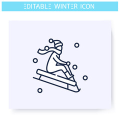 Sledding line icon. Man or child slides on sleigh. Winter holidays and leisure concept. Sleigh ride. Ice slide. Sport, hobby. Isolated vector illustration. Editable stroke 