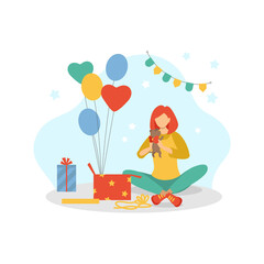 For the holiday, the girl received a gift, a puppy in a box, joy. Flat illustration