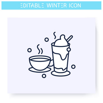 Warming drinks line icon. Winter hot beverages. Hot tea or coffee, mulled wine cocktail.Winter holidays and leisure concept. Christmas mood. Isolated vector illustration. Editable stroke 