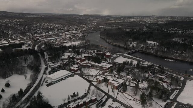 Winter Landscape  - Snow Covered Lennoxville Borough Near Lake Massawippi In The City Of Sherbrooke, Quebec, Canada. - aerial