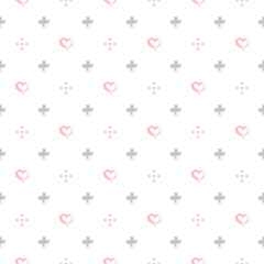 Seamless pattern with pink hand drawn hearts, grey dots and pluses on white background. Abstract composition. 