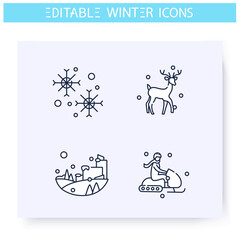 Winter fun line icons set. Outdoors activities, snowy city, winter holidays, winter sport. Recreation and leisure concept. Christmas mood. Isolated vector illustration. Editable stroke 
