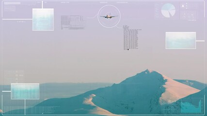 Airport Tower observes arriving aircraft over snowy mountain range analyzes the data. Digital HUD overlay provides information on the type of aircraft and the flight route. Air traffic security system - Powered by Adobe