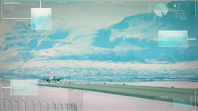 Airport tower HUD observes aircraft landing on the tarmac surrounded by snow-capped mountains. Air traffic security system.