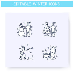 Winter fun line icons set. Outdoors activities, snow plays, winter holidays. Recreation and leisure concept. Christmas mood. Isolated vector illustration. Editable stroke 