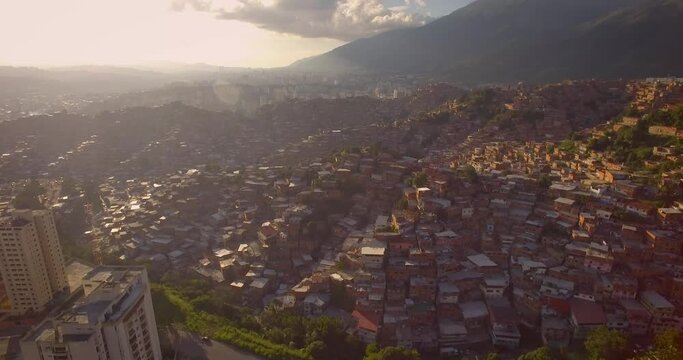 Aerial view of Petare slum, in Caracas, Venezuela, during a sunset