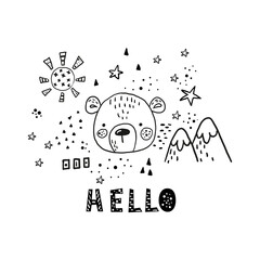 Funny cute scandinavian bear cartoon style. Vector print with bear. Printable templates. For wrapping, surface design, wallpaper, greeting cards