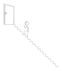 Vector cartoon stick figure illustration of man or businessman climbing up stairs to reach and open door on top leading to success or victory. Career concept.