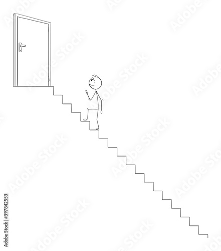 Vector Cartoon Stick Figure Illustration Of Man Or Businessman Climbing Up  Stairs To Reach And Open Door On Top Leading To Success Or Victory Career  Concept Wall Mural-Zdenek Sasek