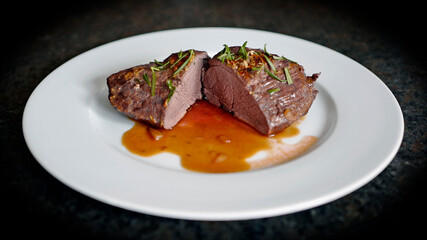 fresh cooking at home and ready to eat, delicious medium roasted game meat from the young chamois buck with brown sauce 