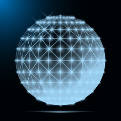 Wireframe sphere vector illustration on blue background.