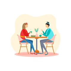 Two friends are sitting at a table and drinking tea in a cafe, talking, friendship day. Color illustration, flat design