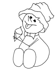 Doodle snowman sitting and eating ice cream, in cartoon style.
