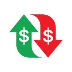 Dollar money - colored icon vector illustration. Up & down Arrows sogns. Cash back concept sign. Exchange market finance business symbol. 