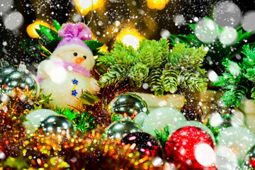 Christmas balls and snowmen with bright stars for joy and fun weave warmly in the New Year.