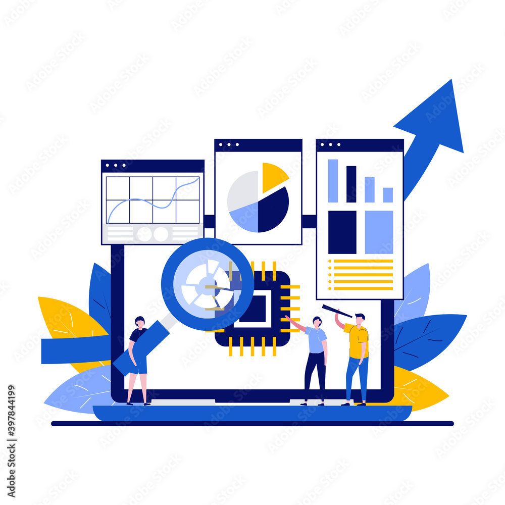 Poster system analysis concept with character. people and laptop screen with data analysis graphs and chart