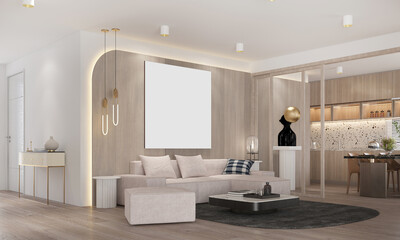 Fototapeta premium 3D rendering of modern cozy mock up interior design of living room and dining room and wall texture background 