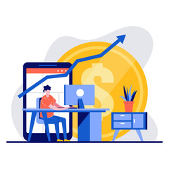 Freelance, financial success, investment, trades concept with tiny character. Successful freelancer working and earning money on computer at home flat vector illustration. Online income metaphor