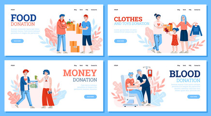Vector set of landing page templates with charity and donation concept. People volunteers donate food, money, clothes and toys for poor and blood for hospital or blood bank.