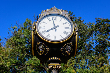 Fototapeta na wymiar Vintage style black and gold metallic clock at the entry in Herastrau Park, in Bucharest, Romania, in a sunny autumn day.