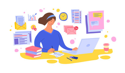 Cartoon Color Character Person Woman and Content Manager Female Multitasking Concept. Vector