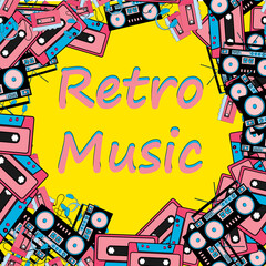 A retro music frame made from an old hipster retro technique music audio player with headphones, an audio tape recorder and an 80's 90's audio cassette and copy space. The background