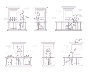 Characters People Stand on Balconies Concept Contour Linear Style. Vector