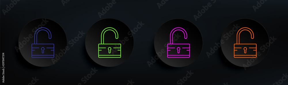 Poster open lock dark badge color set. simple thin line, outline vector of crime investigation icons for ui