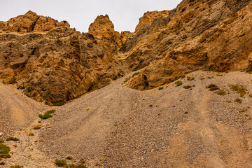 Wind eroded landscape in arid cold desert of Lahaul Spiti in Trans Himalayas. Wind erodes Earth's surface by deflation i.e removal of loose,fine grained particles & abrasion by windborne particles.
