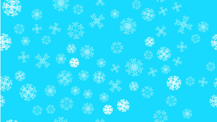 Bright motley pattern texture of a frame of white snowy winter festive Christmas miscellaneous different abstract carved snowflakes on a blue background. illustration