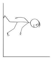 Vector cartoon stick figure illustration of man or businessman walking down on vertical wall. Concept of creativity and individuality.