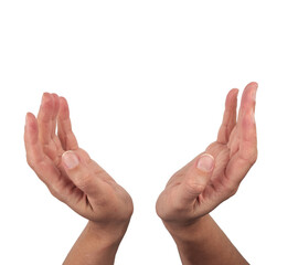 The hands of a woman reaching out to support or hold something, isolated on a white background