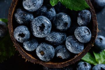 Obraz na płótnie Canvas Freshly picked blueberries in coconut bowl on dark background. Healthy organic seasonal fruit background. Berries closeup
