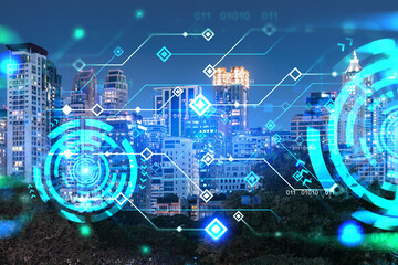 Information flow hologram, night panorama city view of Bangkok. The largest technological center in Asia. The concept of programming science. Double exposure.