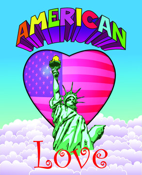 vector image of the statue of liberty on the background of the heart with the american flag in cartoon style