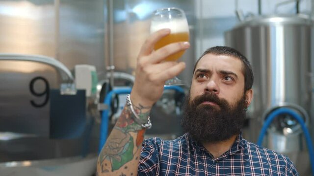 Professional brewer standing with glass of beer in modern brewery.