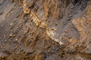 Rocks banding pattern of stratification in sedimentary rocks due to changes in texture or composition during deposition at Himalayas of Spiti . Sediments tells environment in which the rock formed.