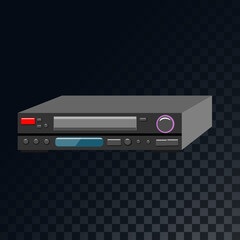 Obraz premium An old retro vintage analog film video cassette and video recorder from the 70s, 80s, 90s on a translucent dark squared gray background of squares. illustration