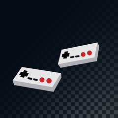 Old retro vintage gaming joysticks for video games from the 70s, 80s, 90s on a translucent, dark, checkered gray background of squares. illustration