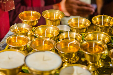 Butter diya or lamps of brass used in tantric rituals or as offering in Tibetan Buddhism is conspicuous feature of Tibetan Buddhist temples and monasteries in the Himalayas of Spiti valIey of India.